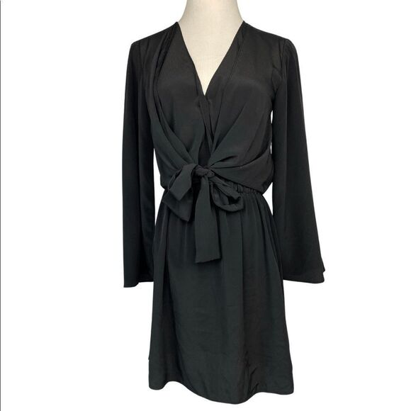 TOPSHOP Tiffany Knot Black Long Sleeve V-neck Mini Dress - Picture 2 of 11